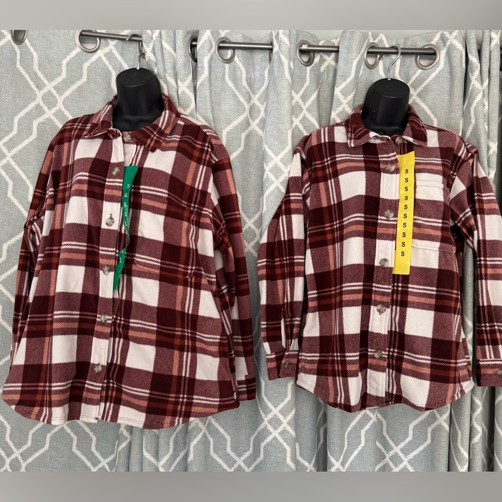 Eddie Bauer Burgundy and White Button Down Shirt with Plaid Pattern